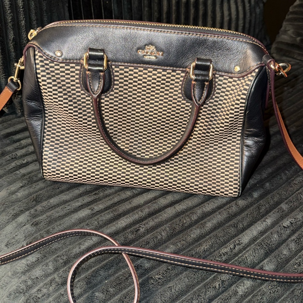 Coach Two-Tone Checkered Satchel with Dark Brown Trim